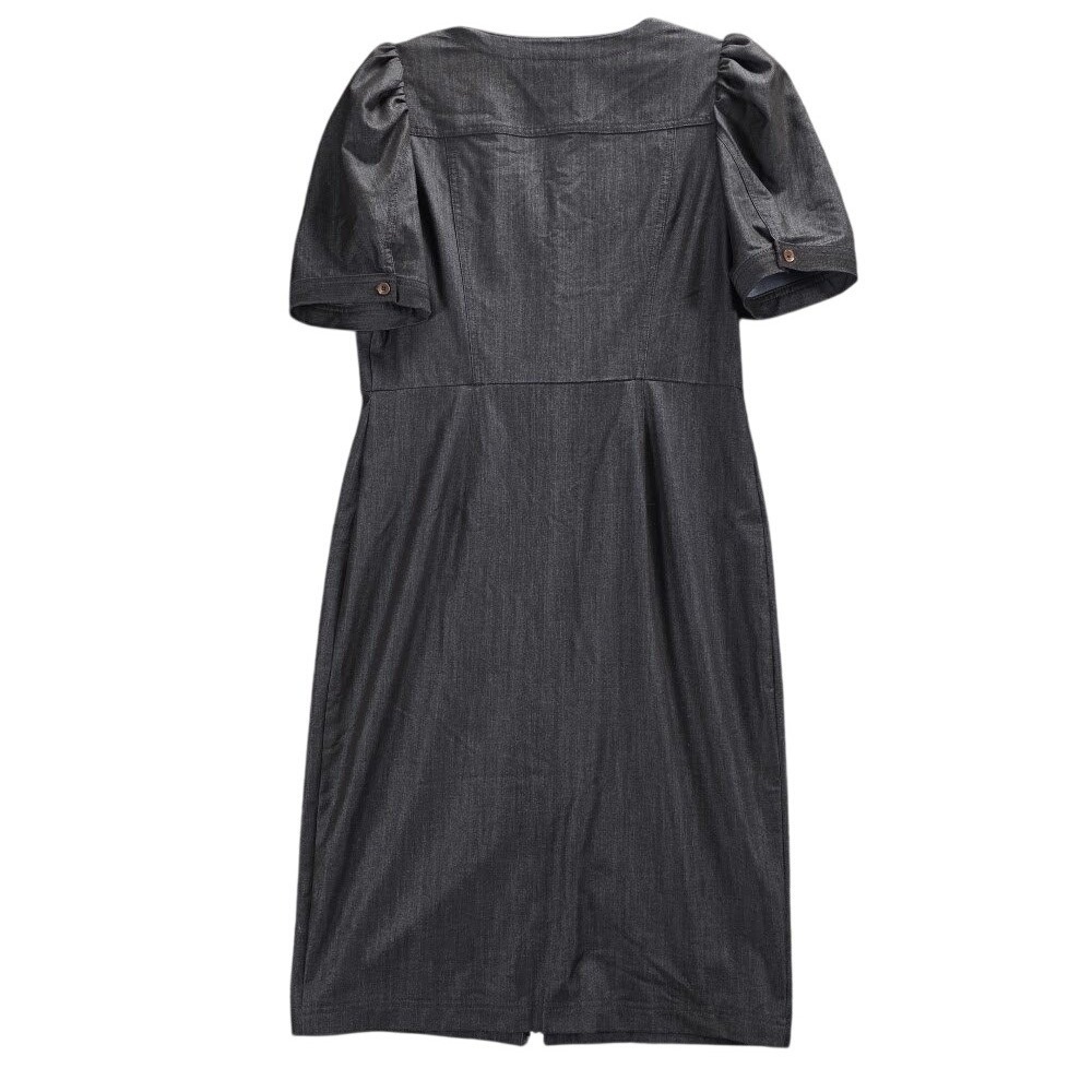 Calvin Klein Puff Sleeve Button Front Sheath Dress Size 10 V-Neck Denim Look - Picture 3 of 8